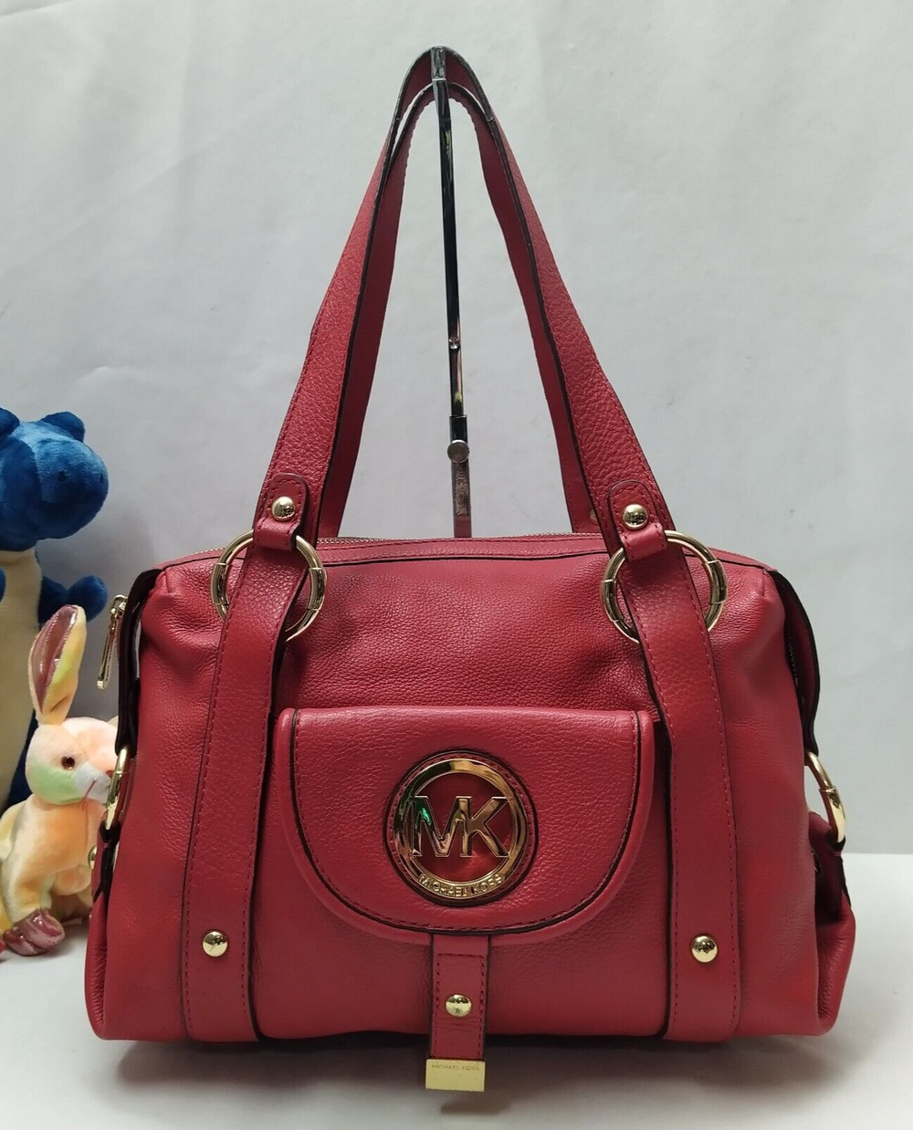 Michael Kors Fulton Red Leather Round Logo Double Handles Satchel Shoulder Bag
